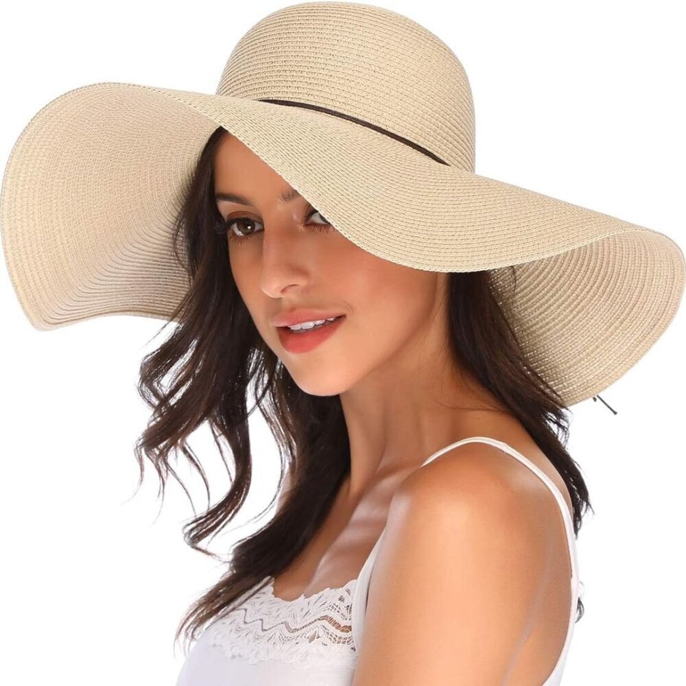 Womens Wide Brim Straw Hat Big Floppy Foldable Roll up Cap Beach Sun Hat UPF 50+